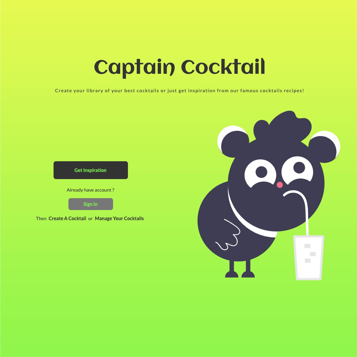Home page application web Captain Cocktail